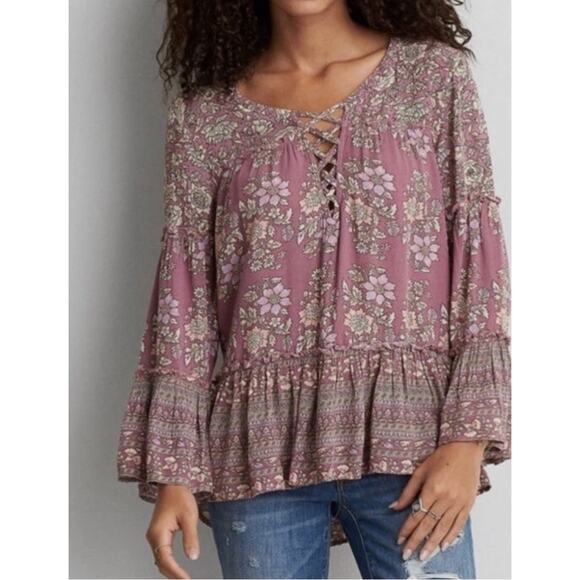American Eagle Women’s S Rose Sheer Floral Boho Bell Sleeve Blouse Top Shirt - Picture 1 of 5